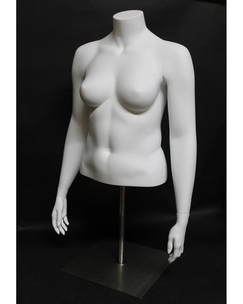 Plus size female torso mannequin with arms and metal base in matte white