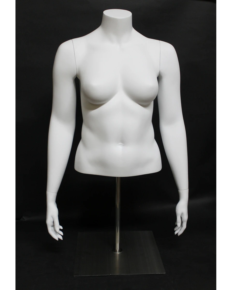 Plus size female torso mannequin with arms and metal base in matte white