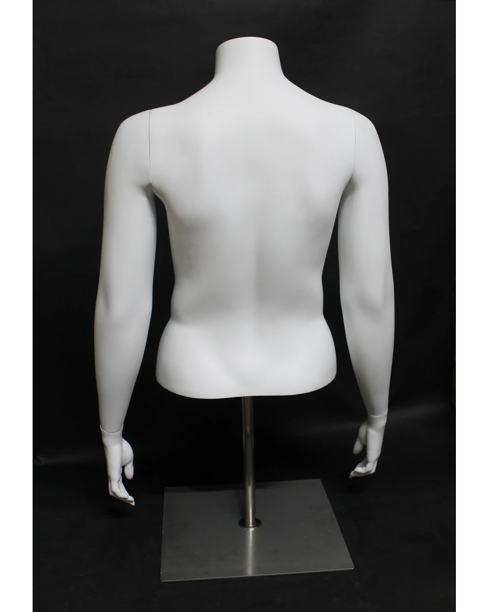 Plus size female torso mannequin with arms and metal base in matte white