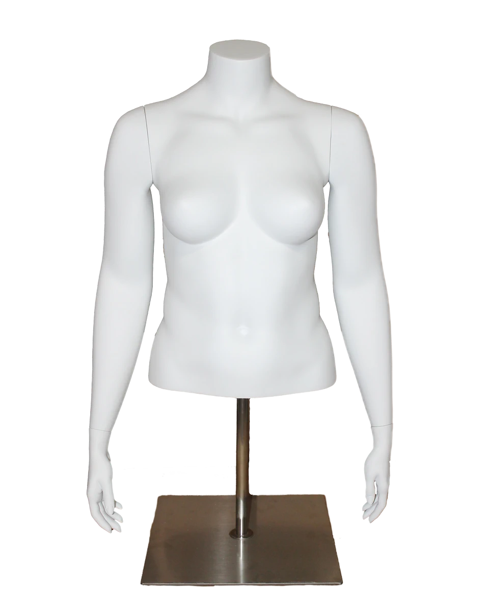 Plus size female torso mannequin with arms and metal base in matte white, front view