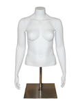 Plus size female torso mannequin with arms and metal base in matte white, front view