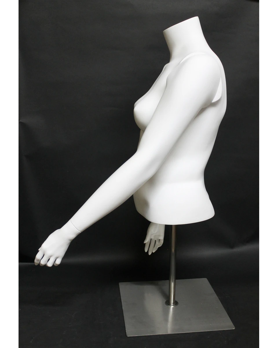 Plus size female torso mannequin with arms and metal base in matte white