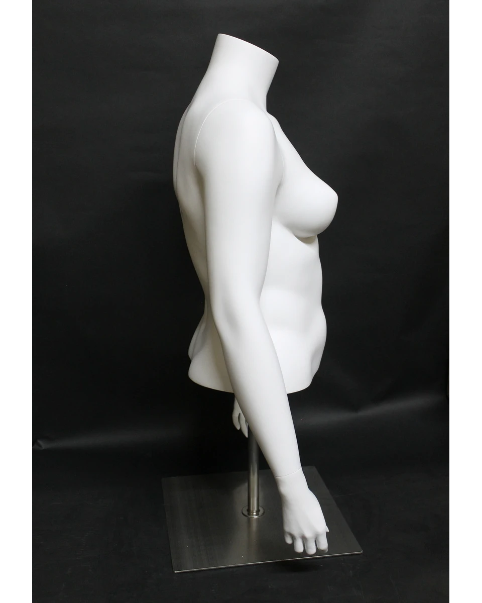 Plus size female torso mannequin with arms and metal base in matte white