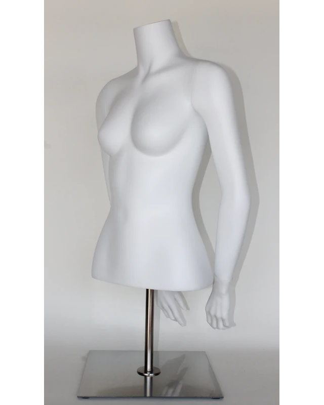 Headless female torso mannequin with arms behind back and metal base in matte white, FT8-WM