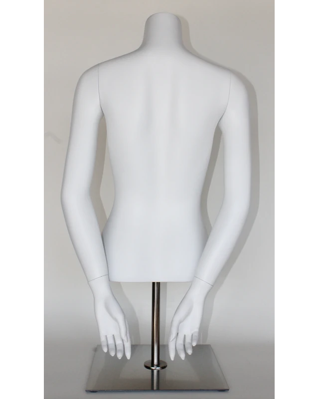 Headless female torso mannequin with arms behind back and metal base in matte white, FT8-WM