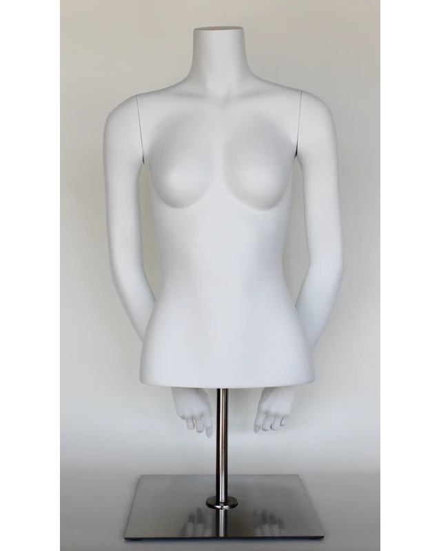Headless female torso mannequin with arms behind back and metal base in matte white, FT8-WM