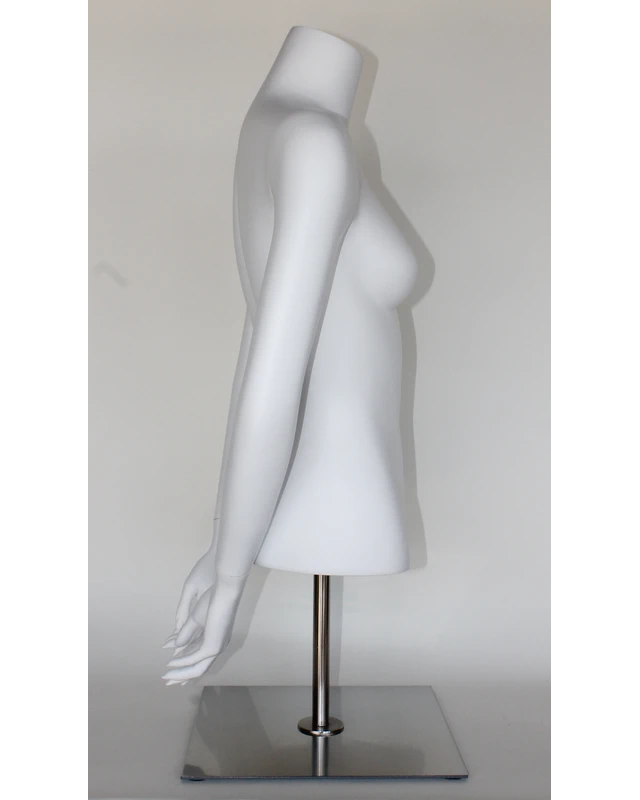 Headless female torso mannequin with arms behind back and metal base in matte white, FT8-WM