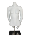 Headless female torso mannequin with arms behind back and metal base in matte white, FT8-WM