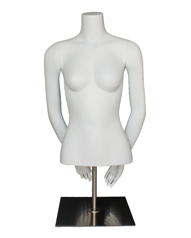 Headless female torso mannequin with arms behind back and metal base in matte white, FT8-WM