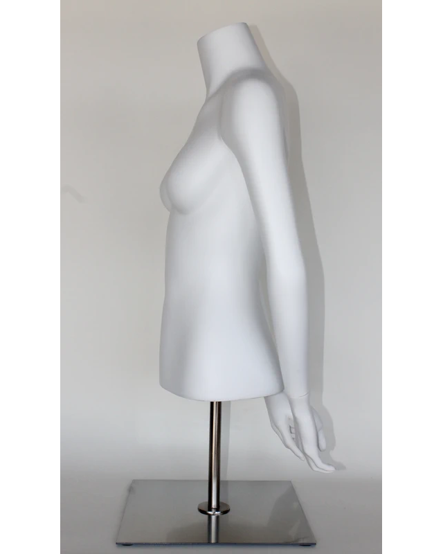 Headless female torso mannequin with arms behind back and metal base in matte white, FT8-WM