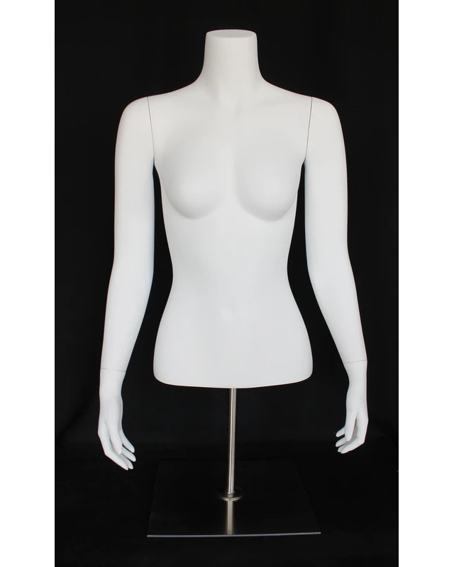 Headless female torso mannequin with arms and metal base in matte white