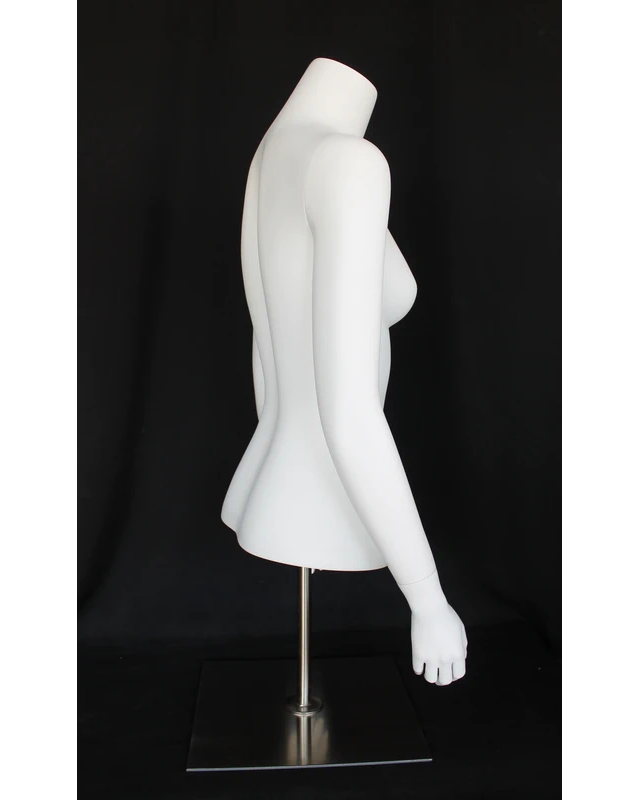 Headless female torso mannequin with arms and metal base in matte white