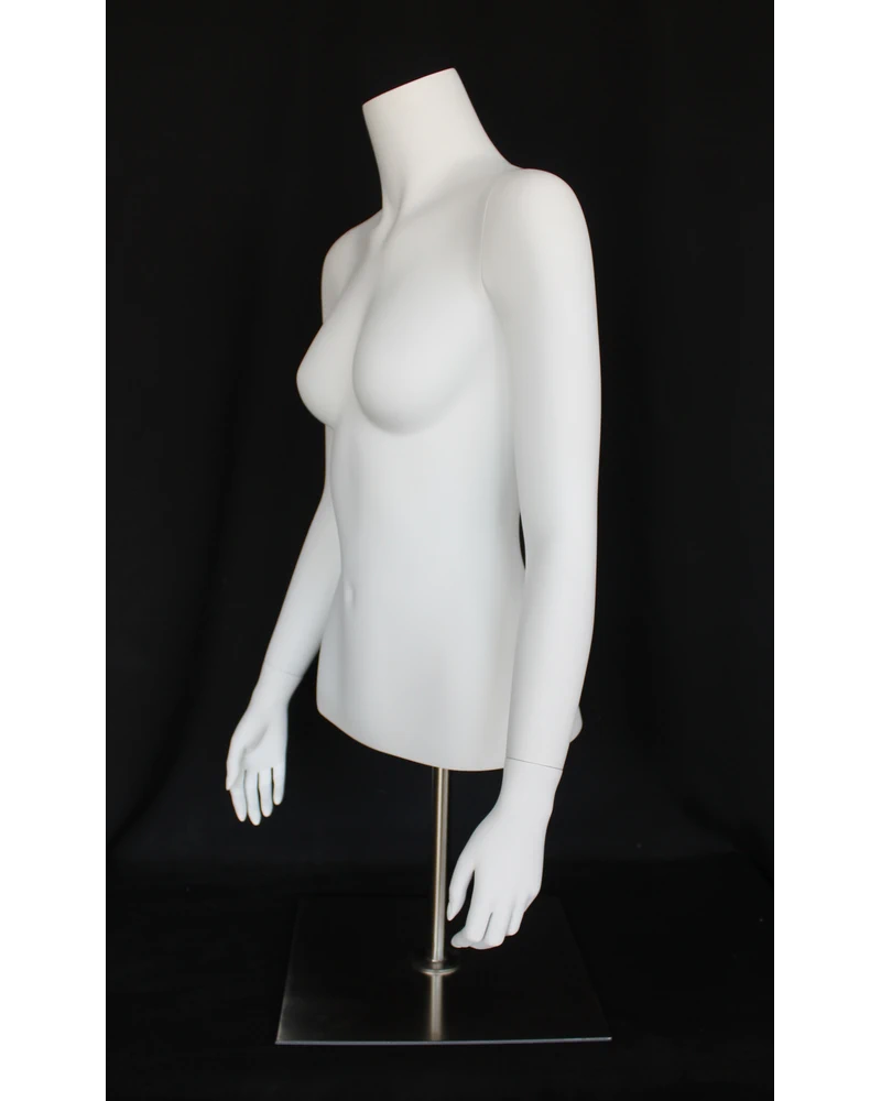 Headless female torso mannequin with arms and metal base in matte white