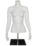 Headless female torso mannequin with arms and metal base in matte white