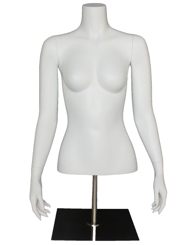 Headless female torso mannequin with arms and metal base in matte white