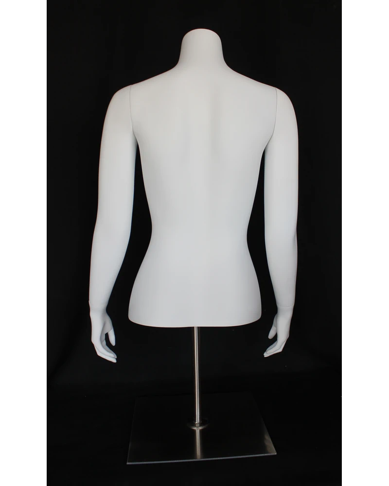 Headless female torso mannequin with arms and metal base in matte white