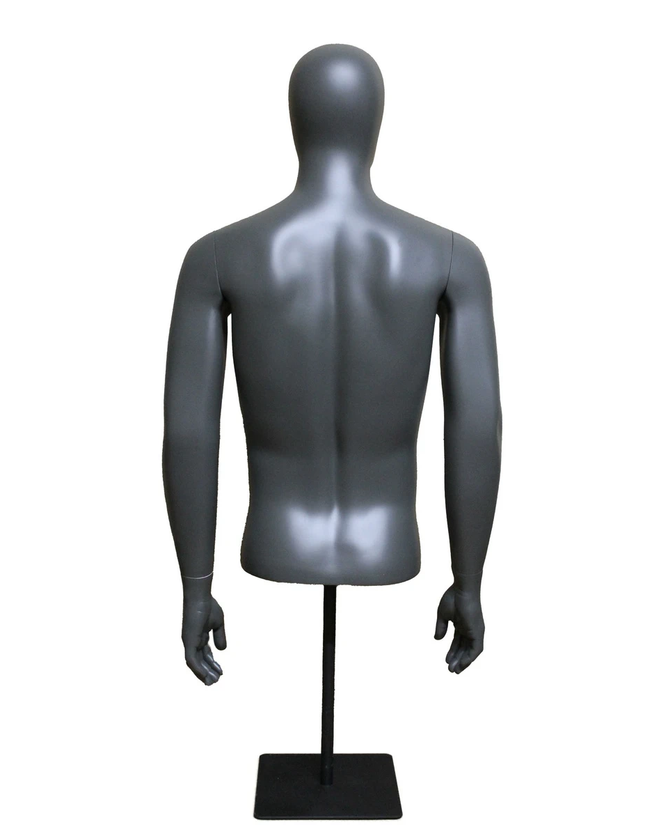 Egghead male torso mannequin with arms and metal base in dark grey, MT77E-DGR