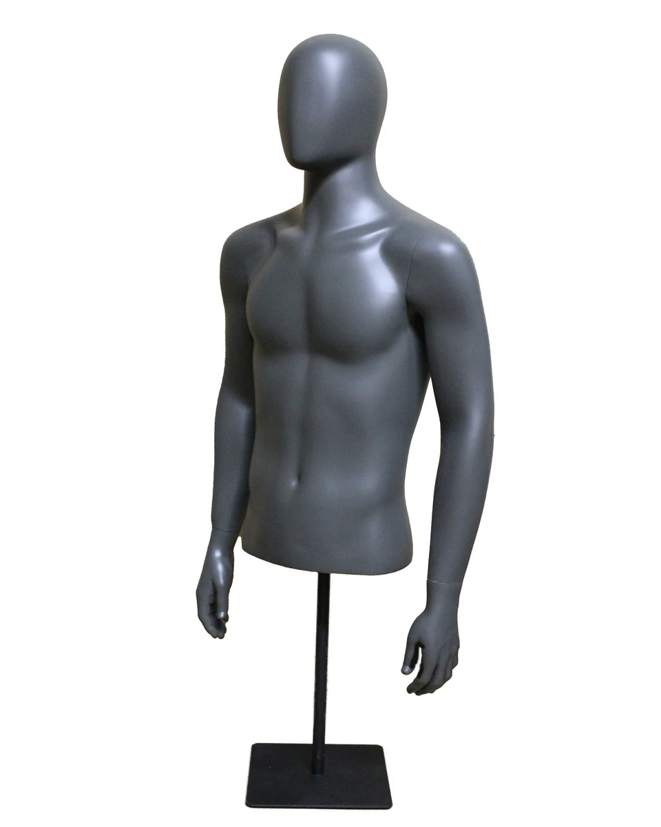 Egghead male torso mannequin with arms and metal base in dark grey, MT77E-DGR