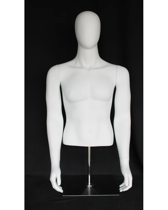 Egghead male torso mannequin with arms and metal base in matte white, MT66E-WM