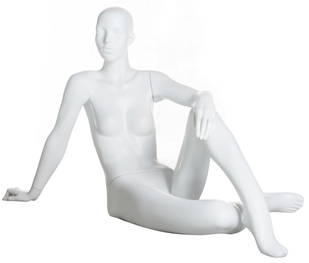 Featured-face reclining floor-sitting female mannequin in matte white, SFW29-WT