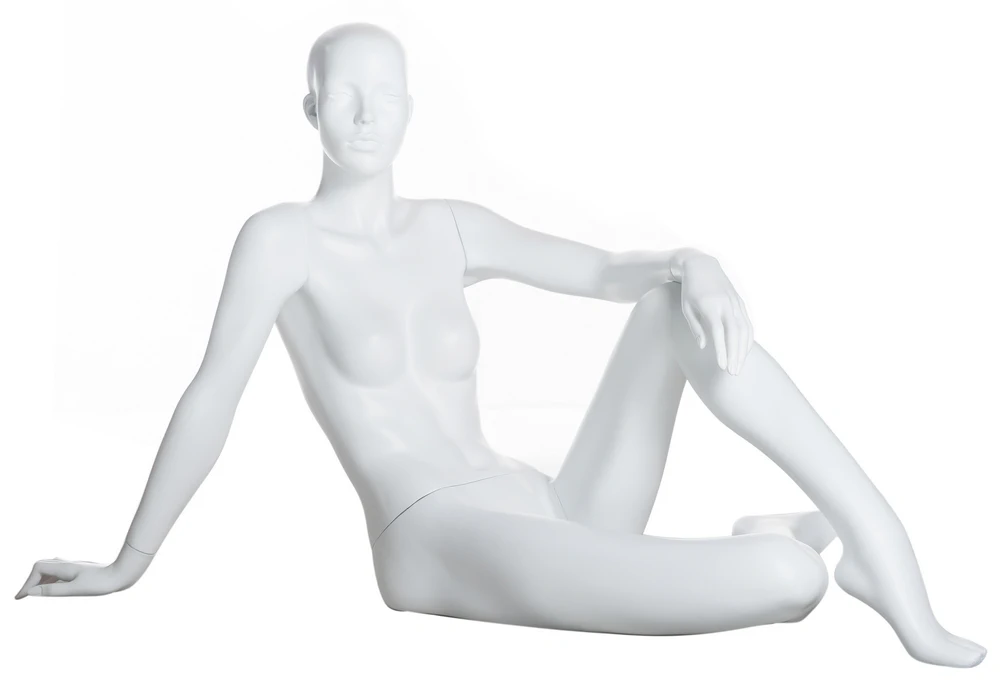 Featured-face reclining floor-sitting female mannequin in matte white, SFW29-WT