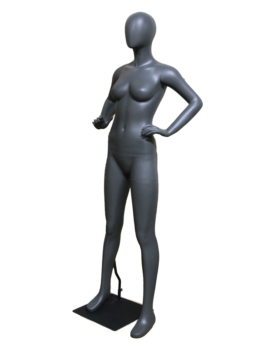 Hands-on-waist athletic egghead female mannequin in dark grey
