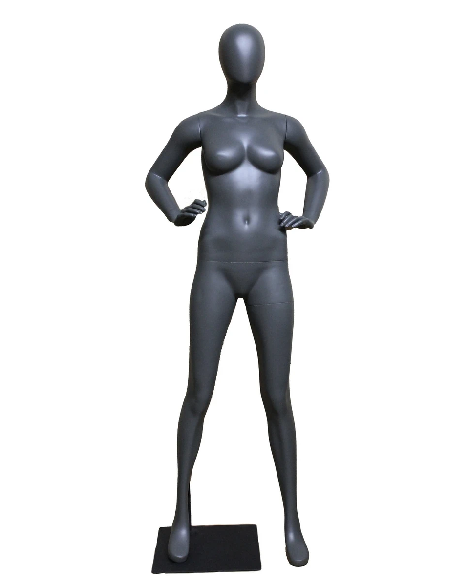 Hands-on-waist athletic egghead female mannequin in dark grey, front view