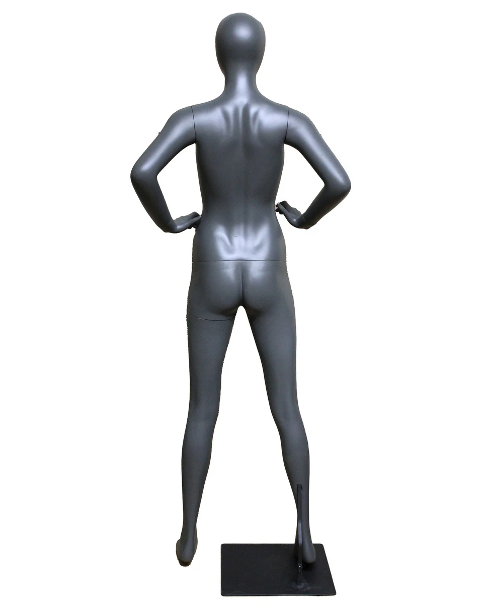 Hands-on-waist athletic egghead female mannequin in dark grey