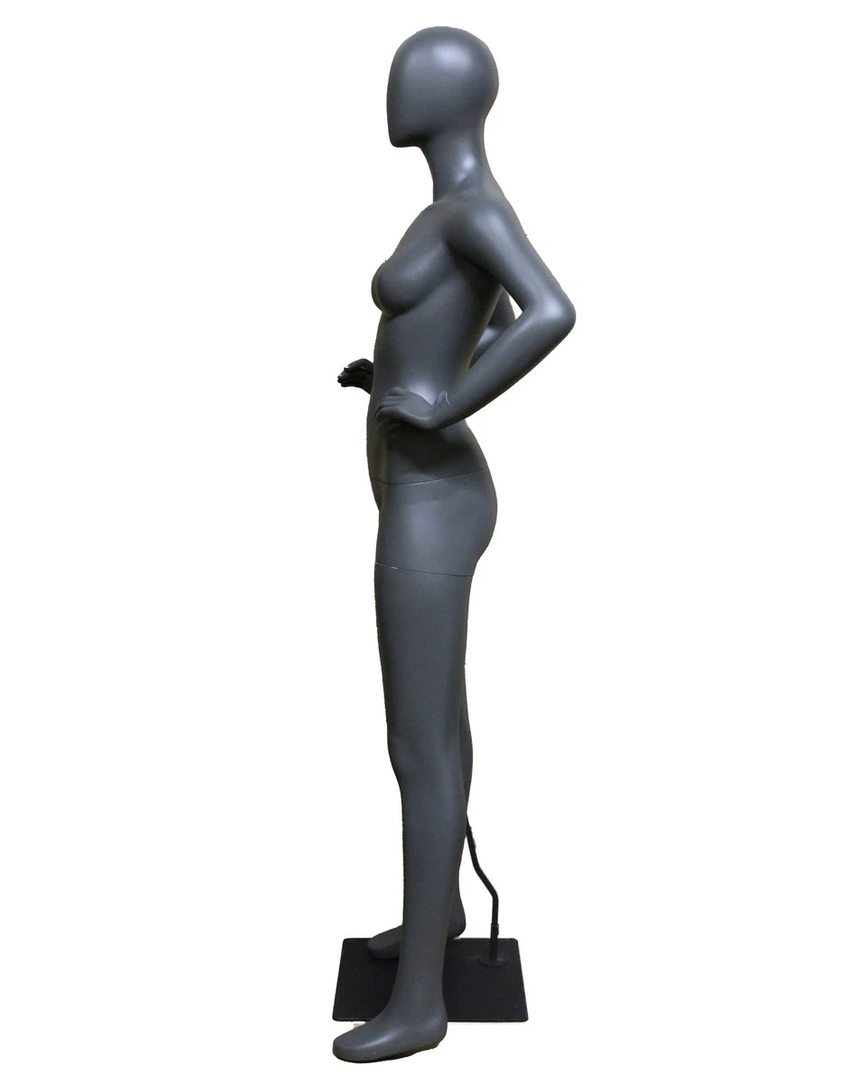 Hands-on-waist athletic egghead female mannequin in dark grey