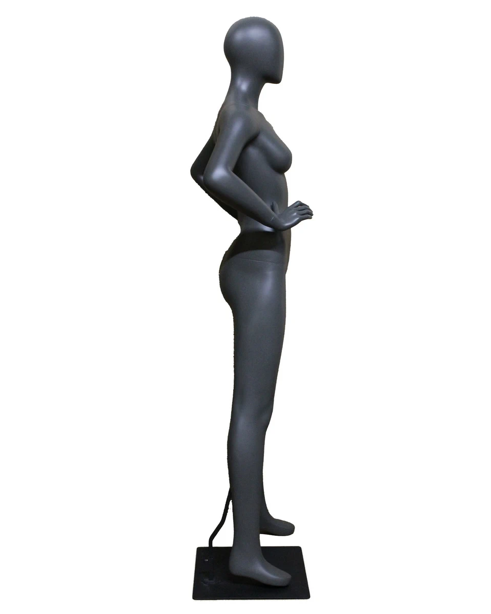 Hands-on-waist athletic egghead female mannequin in dark grey