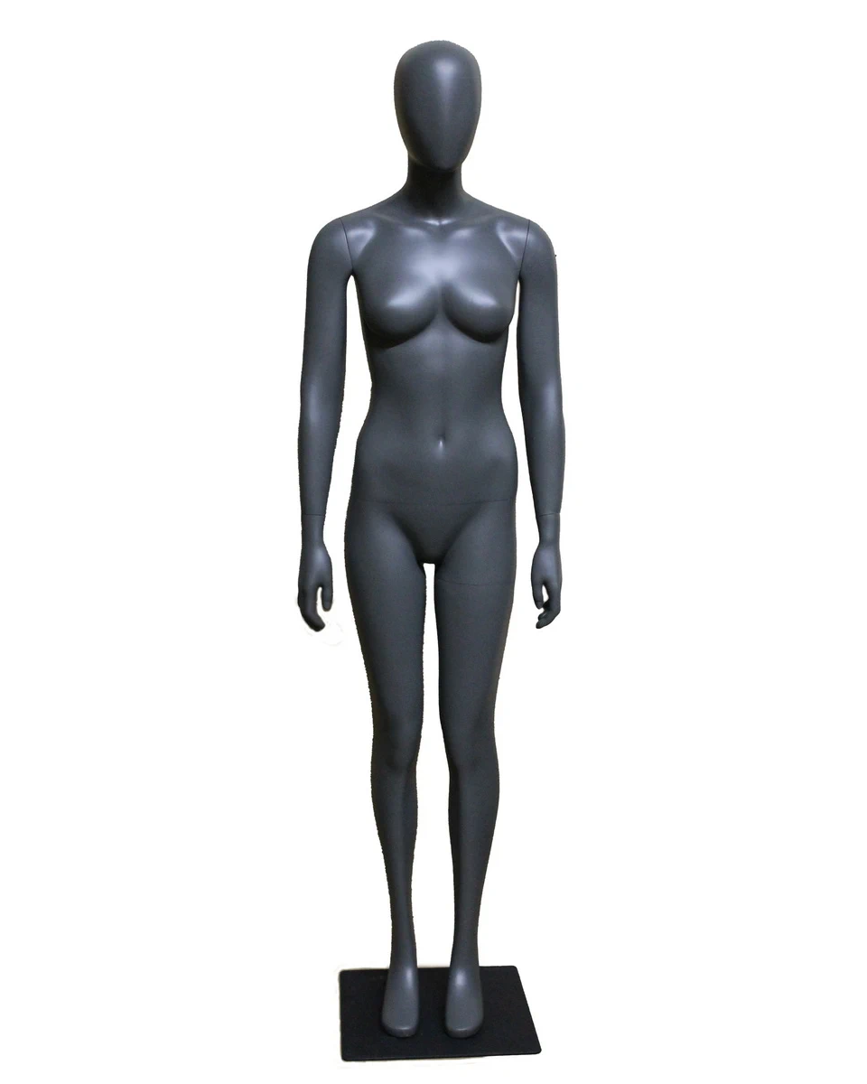 Upright athletic egghead female mannequin in dark grey, front view