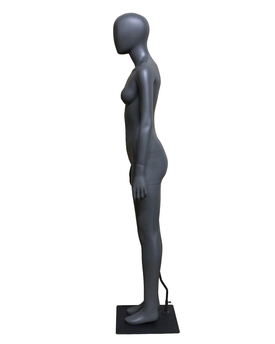 Upright athletic egghead female mannequin in dark grey