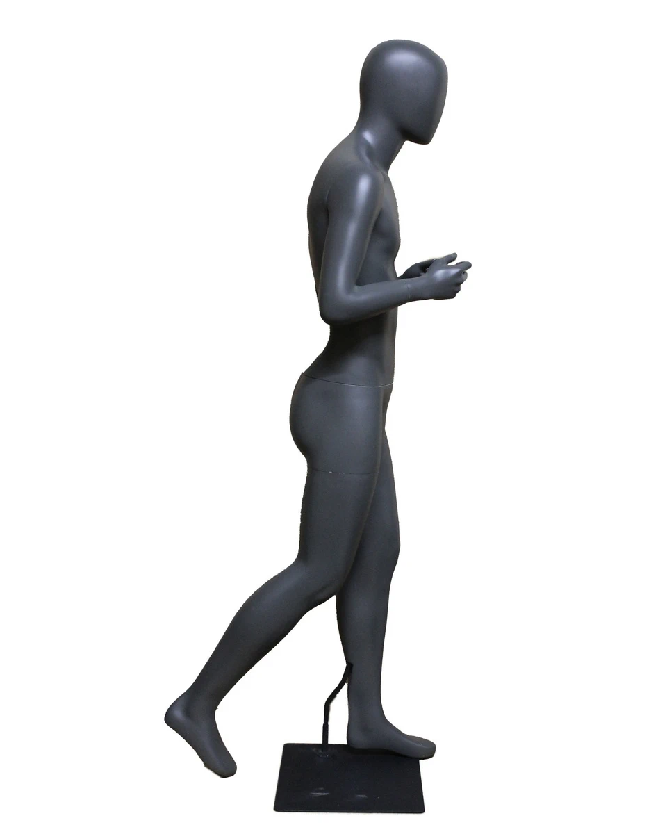 Walking-pose athletic egghead male mannequin in dark grey, STB-5ME-DGR