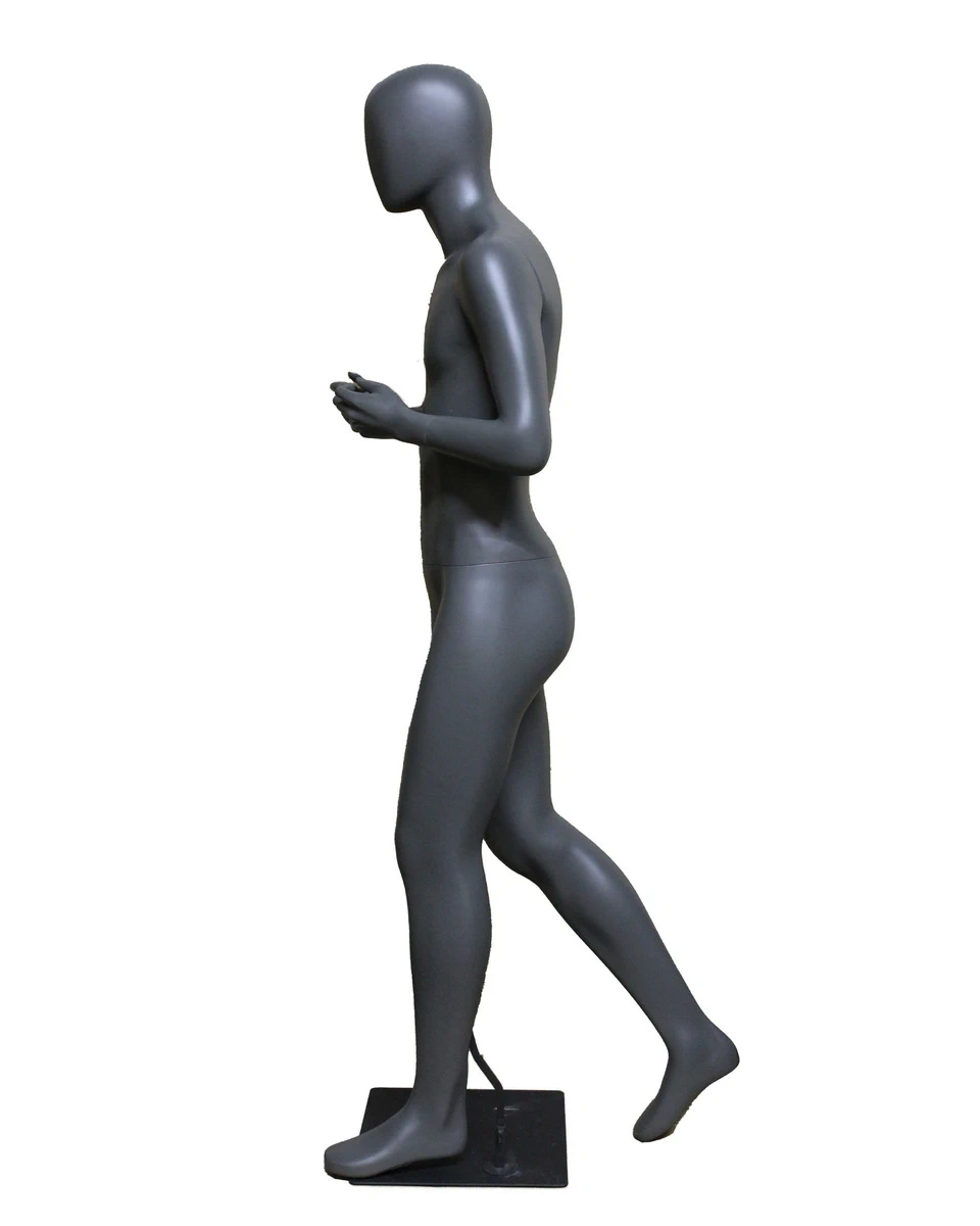 Walking-pose athletic egghead male mannequin in dark grey, STB-5ME-DGR
