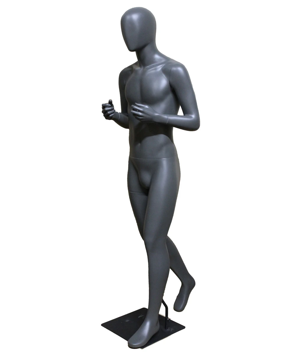 Walking-pose athletic egghead male mannequin in dark grey, STB-5ME-DGR