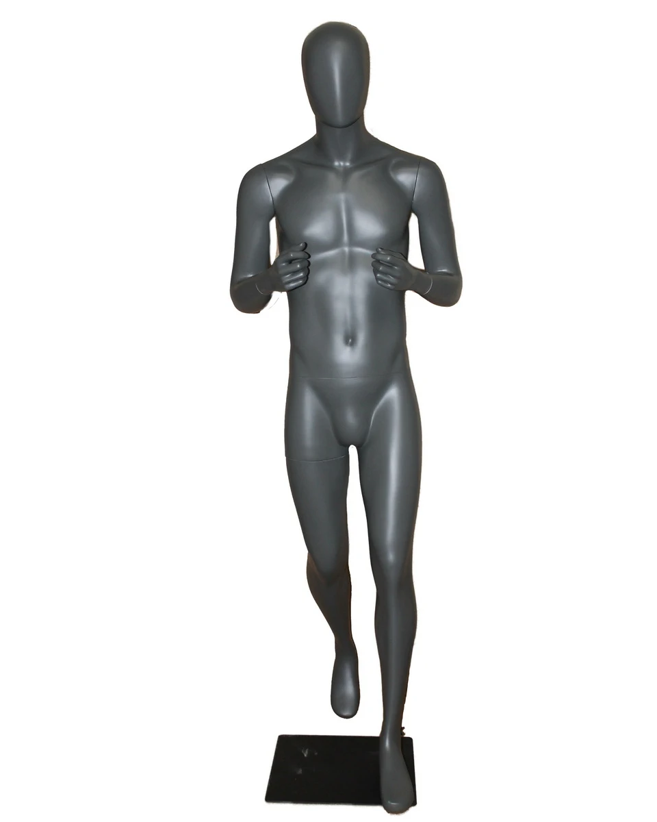 Walking-pose athletic egghead male mannequin in dark grey, STB-5ME-DGR