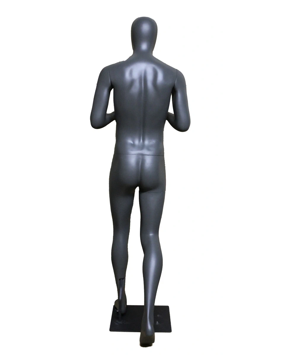 Walking-pose athletic egghead male mannequin in dark grey, STB-5ME-DGR