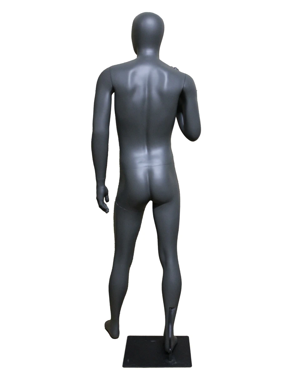 Right-arm-bent athletic egghead male mannequin in dark grey, STB-6ME-DGR