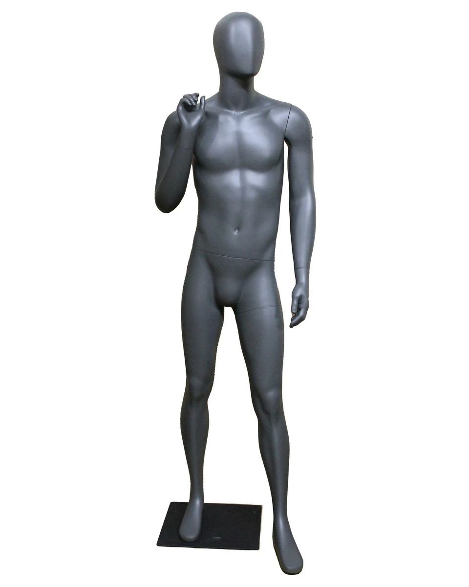 Right-arm-bent athletic egghead male mannequin in dark grey, STB-6ME-DGR