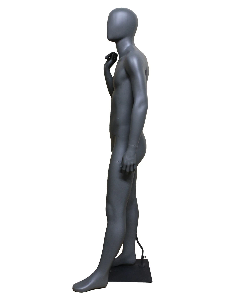 Right-arm-bent athletic egghead male mannequin in dark grey, STB-6ME-DGR