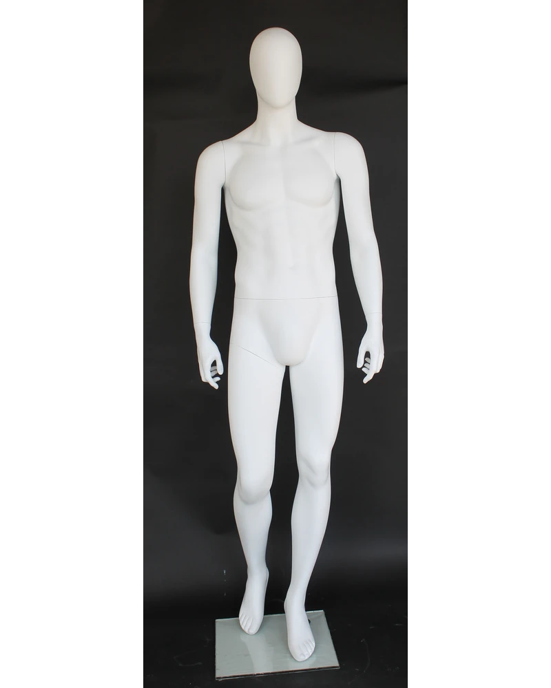 Forward-stance walk-pose egghead male mannequin in matte white, SFM41E-WT