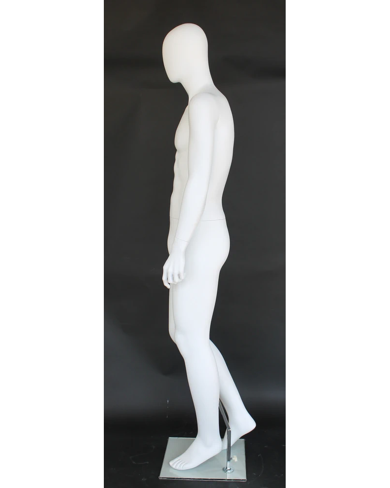 Forward-stance walk-pose egghead male mannequin in matte white, SFM41E-WT