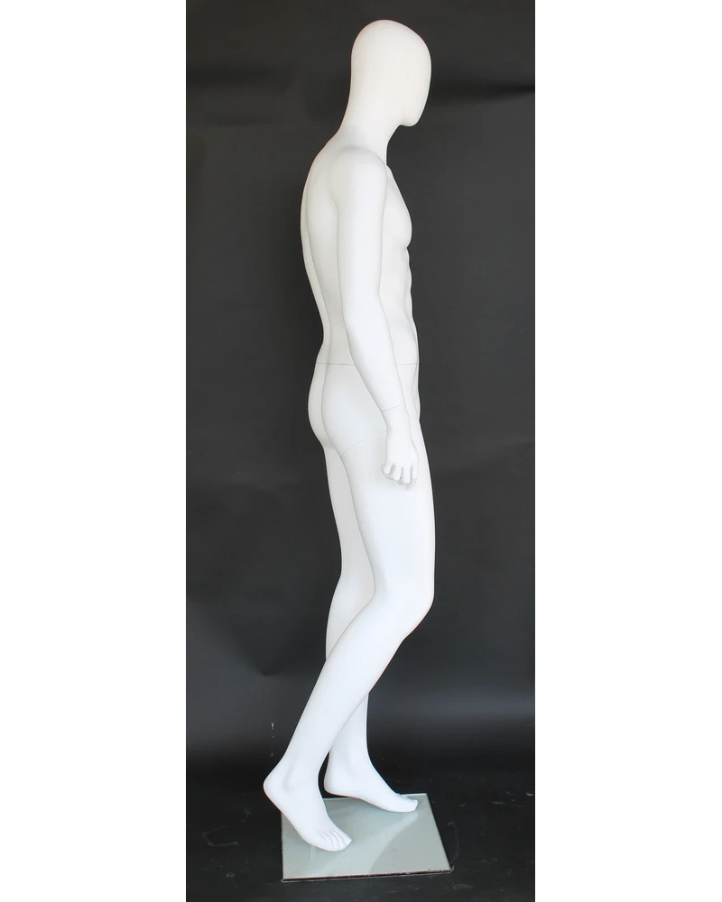 Forward-stance walk-pose egghead male mannequin in matte white, SFM41E-WT