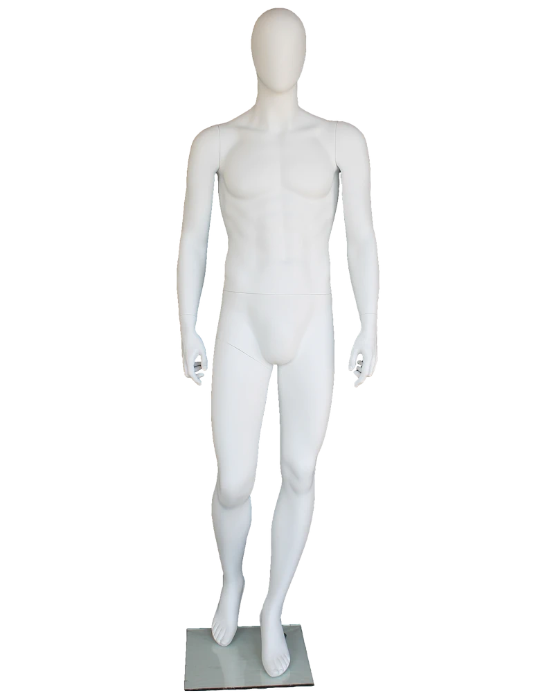 Forward-stance walk-pose egghead male mannequin in matte white, SFM41E-WT