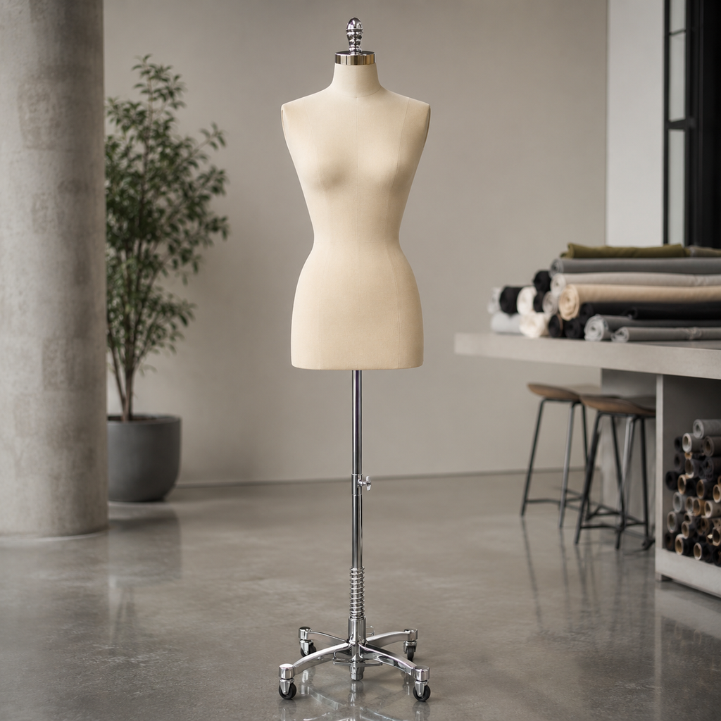Female Dress Form with Chrome Rolling Base (TMK-JF-F+BS-WCDX)