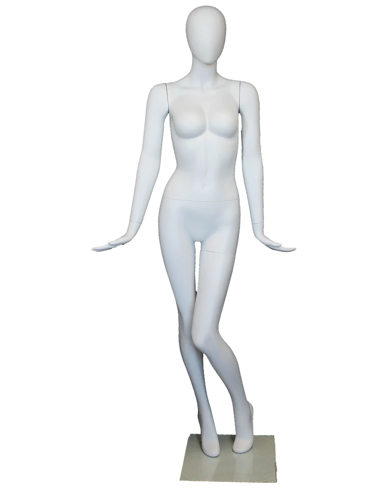 Crossed-leg high-fashion egghead female mannequin in matte white, SFW96E-WT