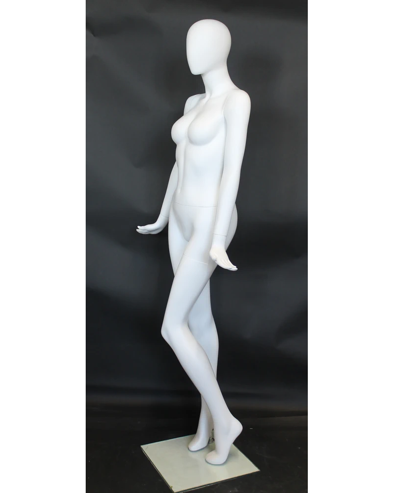 Crossed-leg high-fashion egghead female mannequin in matte white, SFW96E-WT