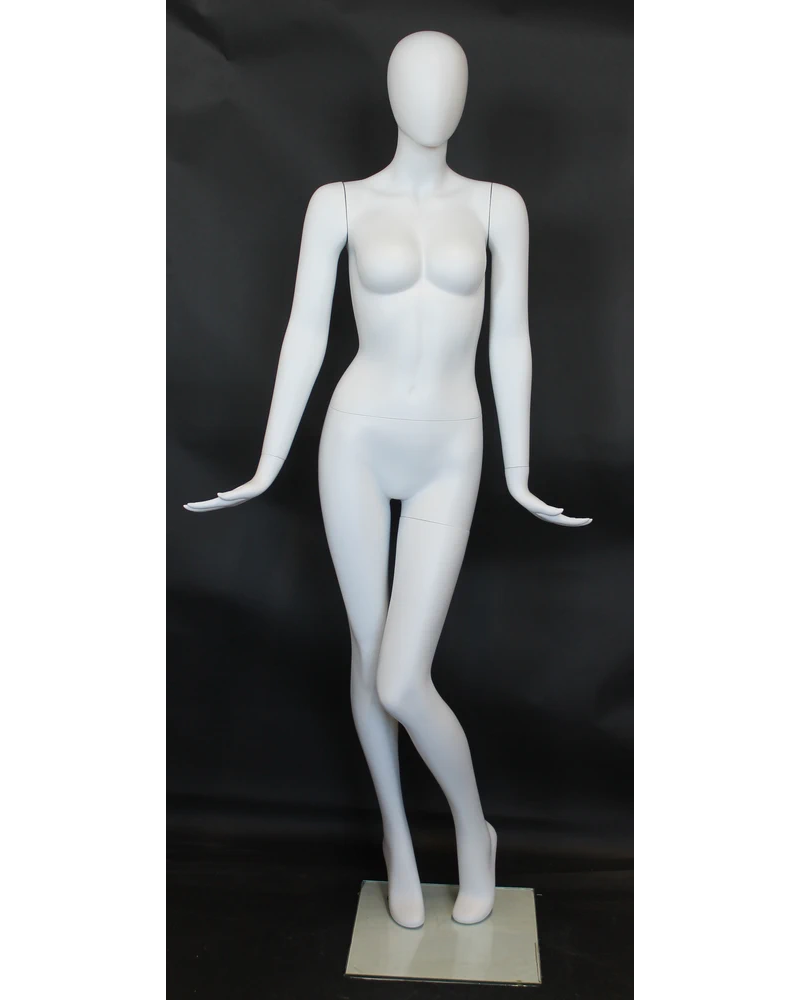 Crossed-leg high-fashion egghead female mannequin in matte white, SFW96E-WT