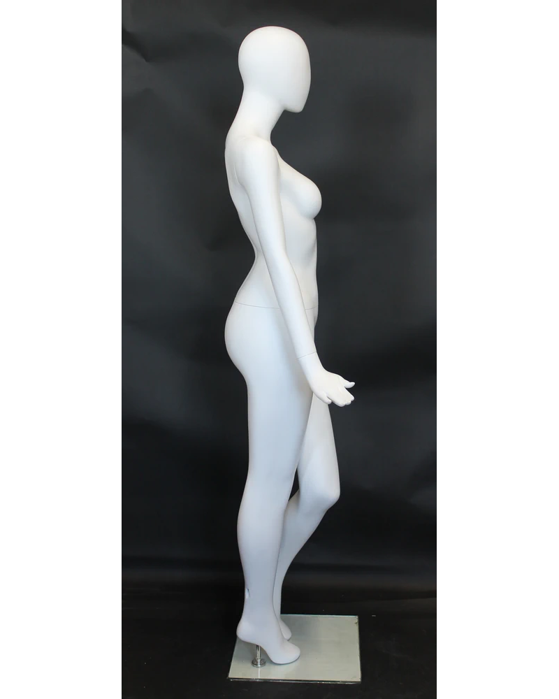 Crossed-leg high-fashion egghead female mannequin in matte white, SFW96E-WT
