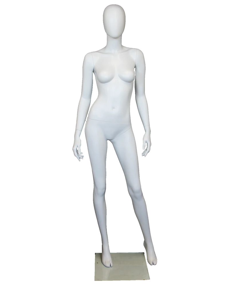 Modern standing egghead female mannequin in matte white, front view